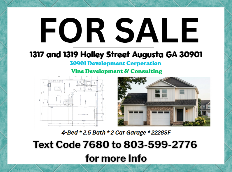 1317 and 1319 Holley Street, Augusta GA 30901 — New Construction For Sale flyer with floor plan and exterior rendering